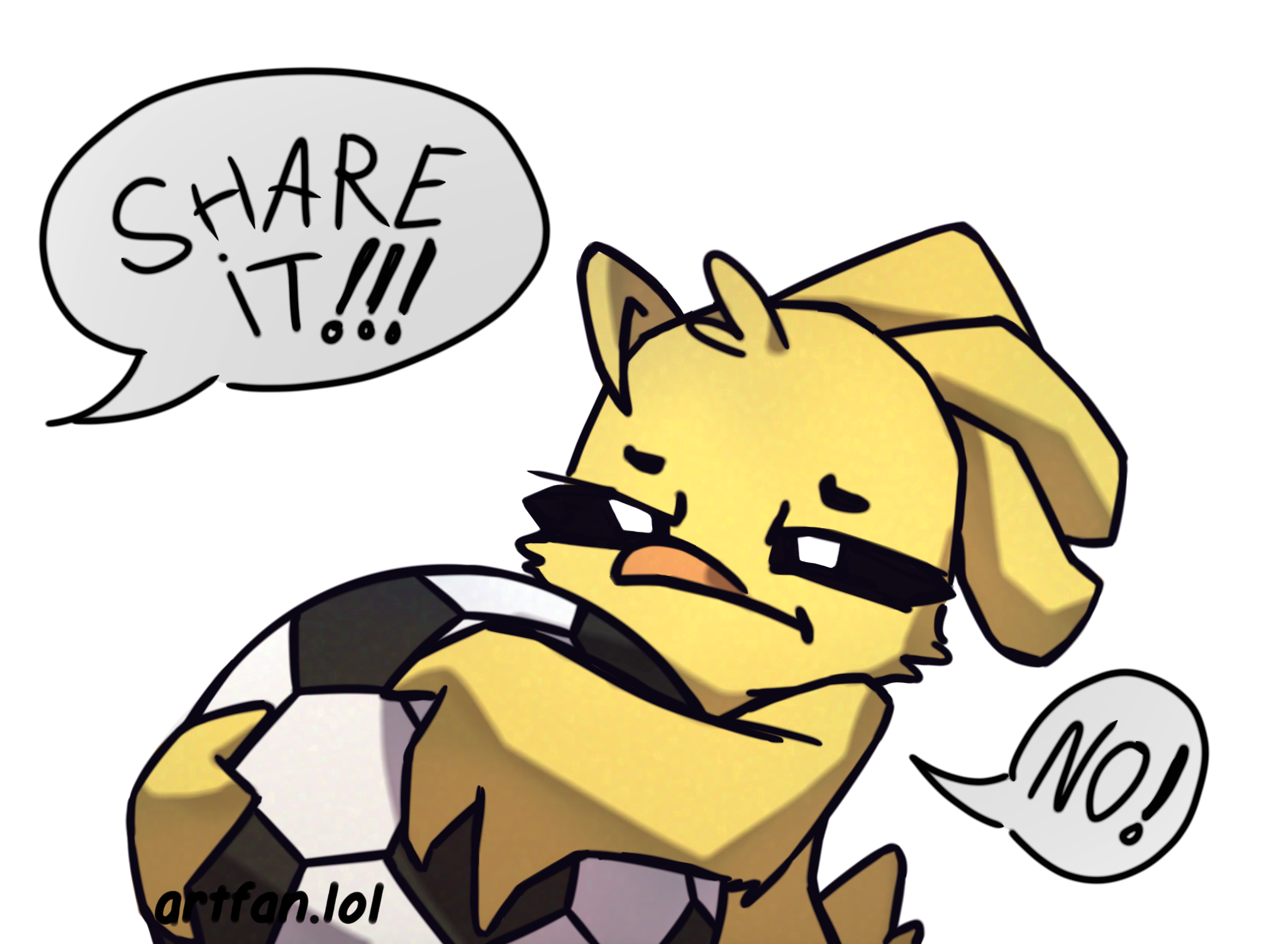 Kickin Chicken fanart where Kickin refuses to share the soccer ball :(