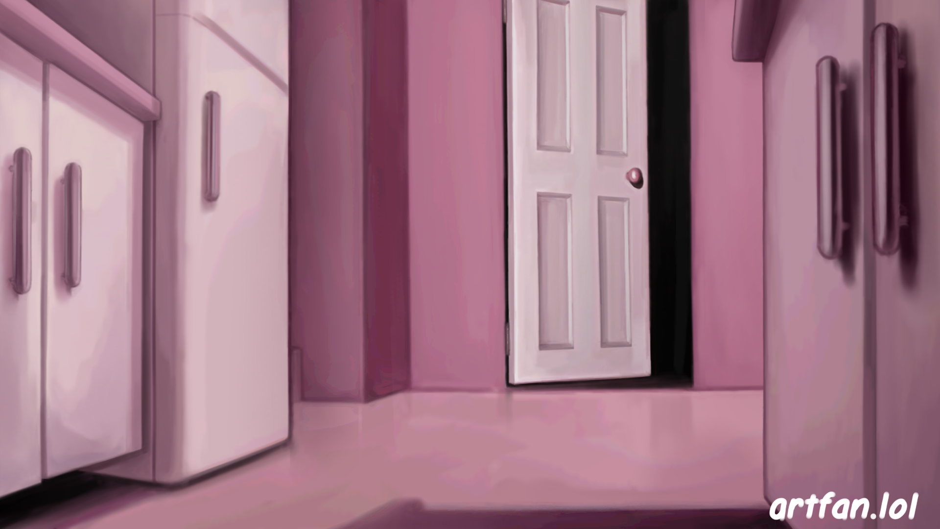 A liminal pretty pink kitchen.